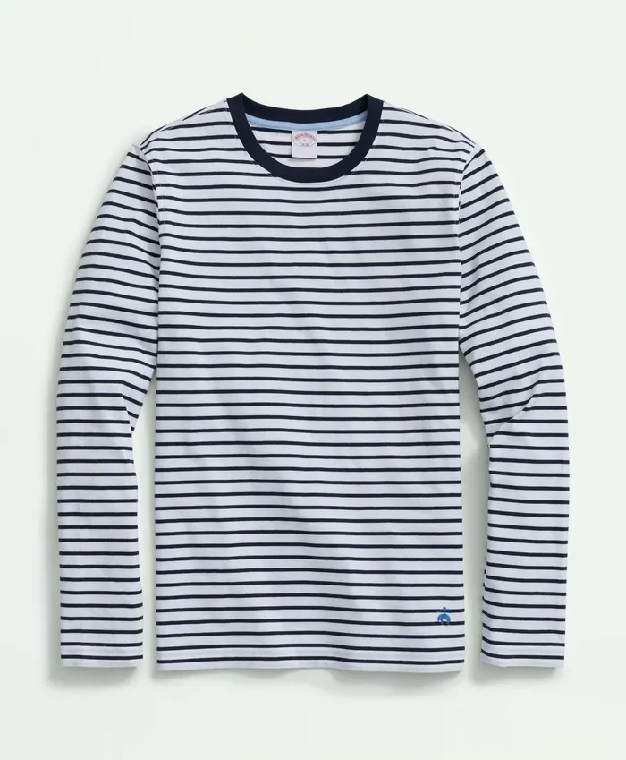 TShirts andamp Sweats Men Brooks Brothers Cotton Crewneck Striped LongSleeve TShirt Whitenavy
