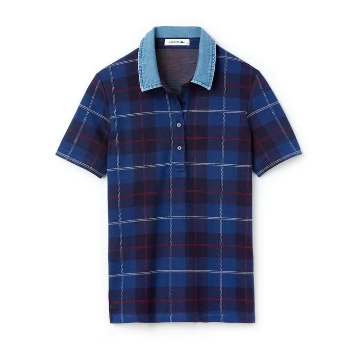 Tartan Check Cotton Jacquard Polo Navy BlueBlue Womens Lacoste Polos Online Outlet Store