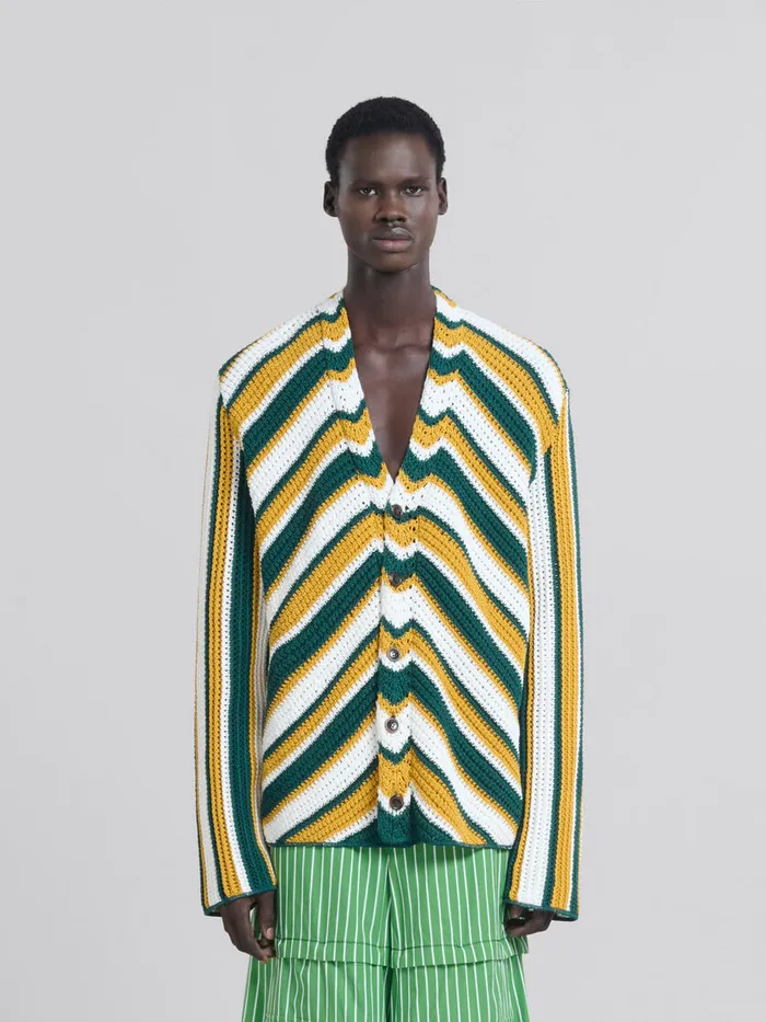 Teal And Yellow Crochet Cardigan With Chevron Pattern Men Marni Knitwear