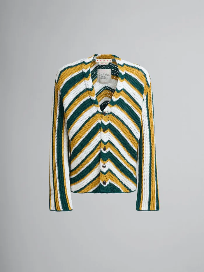 Teal And Yellow Crochet Cardigan With Chevron Pattern Men Marni Knitwear