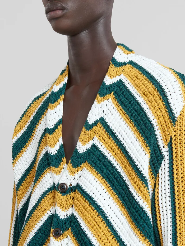 Teal And Yellow Crochet Cardigan With Chevron Pattern Men Marni Knitwear