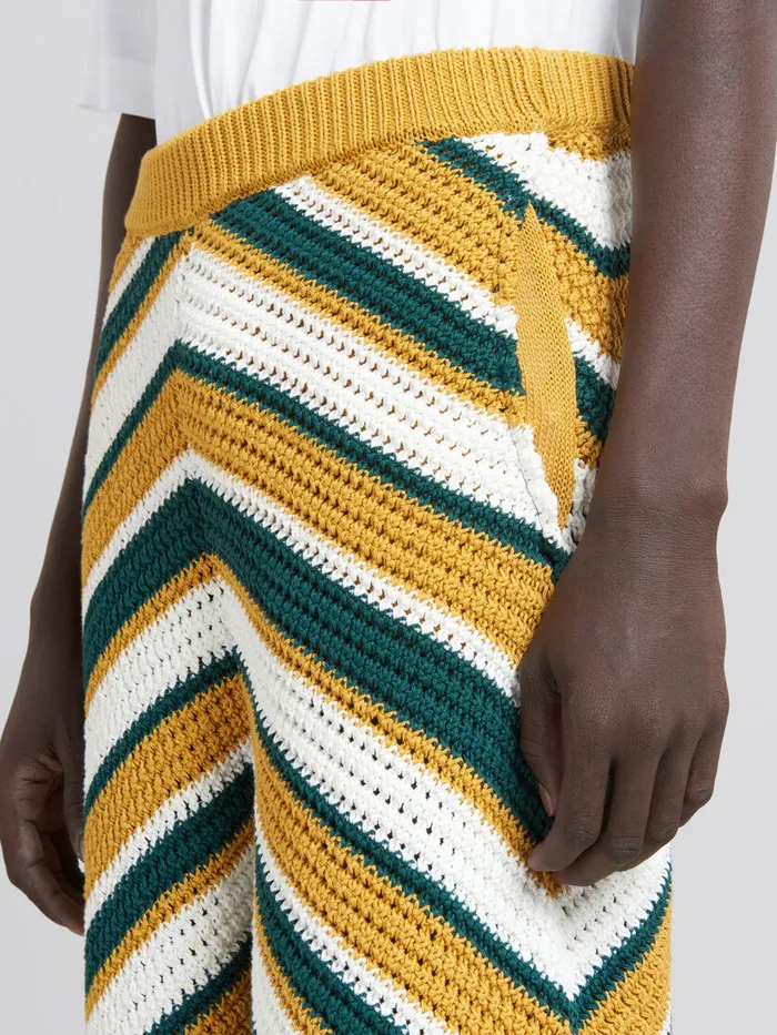 Teal And Yellow Crochet Shorts With Chevron Pattern Men Marni Pants