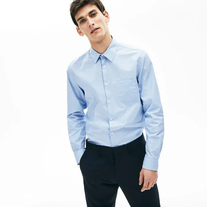 Textured Cotton Shirt Light BlueWhite Mens Lacoste Button Down Shirts Casaul
