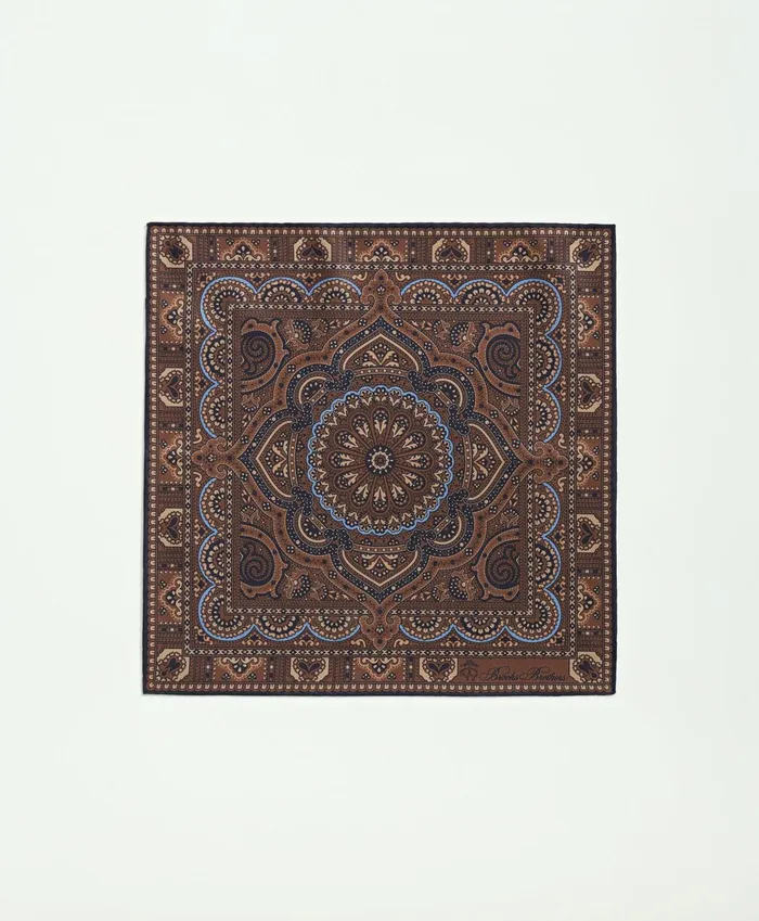 Ties andamp Pocket Squares Men Brooks Brothers Silk Framed Medallion Pocket Square Navybrown