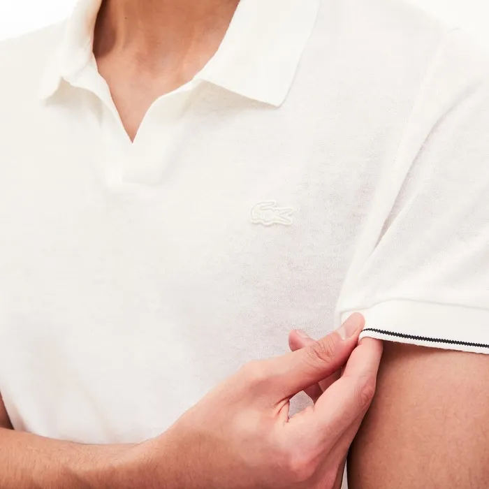 Tunisian Collar Linen And Cotton Regular Fit Polo Shirt WhiteBlack Mens Lacoste Polos Store