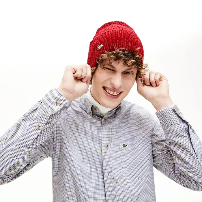 Turned Edge Ribbed Wool Beanie Bordeaux Mens Lacoste Caps and Hats Online