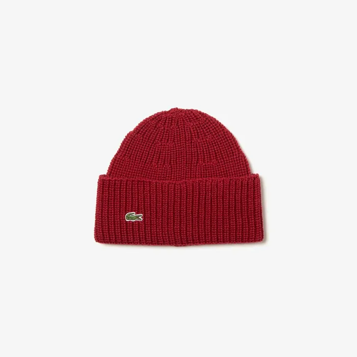 Turned Edge Ribbed Wool Beanie Bordeaux Mens Lacoste Caps and Hats Online