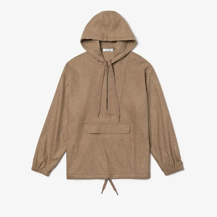Unisex Fashion Show Hooded Solid Virgin Wool Jacket Light Brown Mens Lacoste Jackets and Coats Gift Ideas