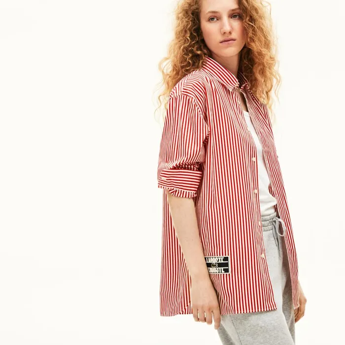 Unisex LIVE BoxyFit Striped Cotton Shirt WhiteRed Mens Lacoste Button Down Shirts Store