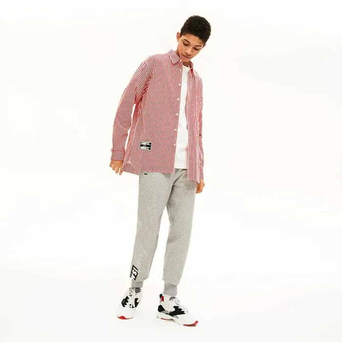 Unisex LIVE BoxyFit Striped Cotton Shirt WhiteRed Mens Lacoste Button Down Shirts Store
