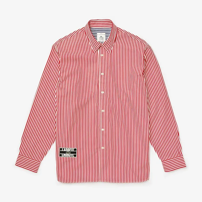 Unisex LIVE BoxyFit Striped Cotton Shirt WhiteRed Mens Lacoste Button Down Shirts Store