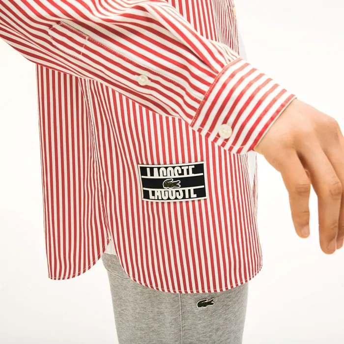 Unisex LIVE BoxyFit Striped Cotton Shirt WhiteRed Mens Lacoste Button Down Shirts Store