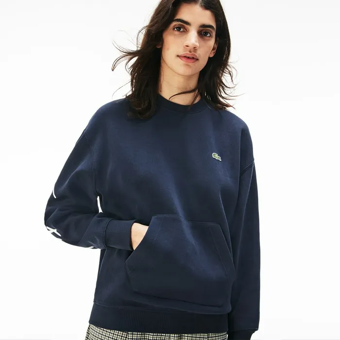 Unisex LIVE Crew Neck Embroidered Fleece Sweatshirt BlueWhite Mens Lacoste Sweatshirts Near Me