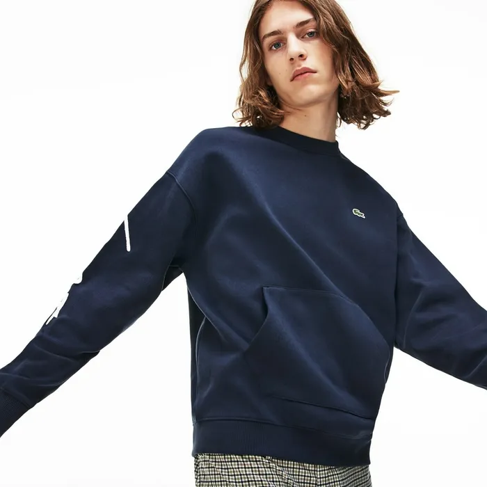 Unisex LIVE Crew Neck Embroidered Fleece Sweatshirt BlueWhite Mens Lacoste Sweatshirts Near Me