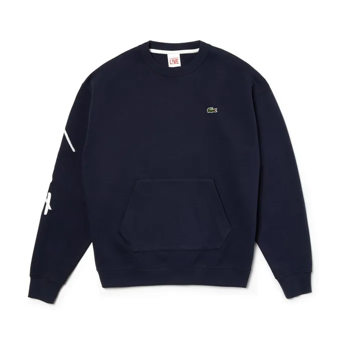 Unisex LIVE Crew Neck Embroidered Fleece Sweatshirt BlueWhite Mens Lacoste Sweatshirts Near Me