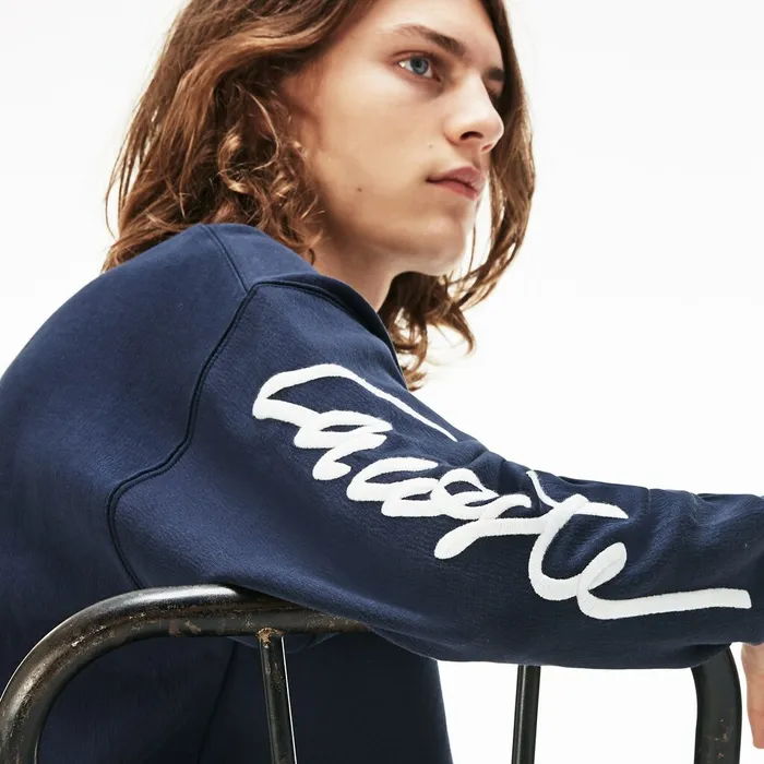 Unisex LIVE Crew Neck Embroidered Fleece Sweatshirt BlueWhite Mens Lacoste Sweatshirts Near Me
