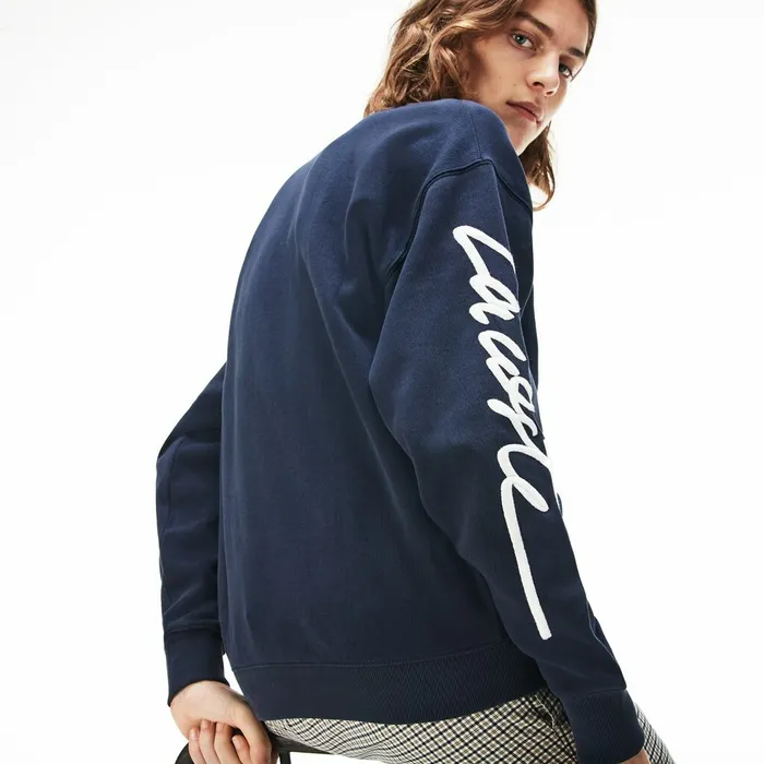 Unisex LIVE Crew Neck Embroidered Fleece Sweatshirt BlueWhite Mens Lacoste Sweatshirts Near Me