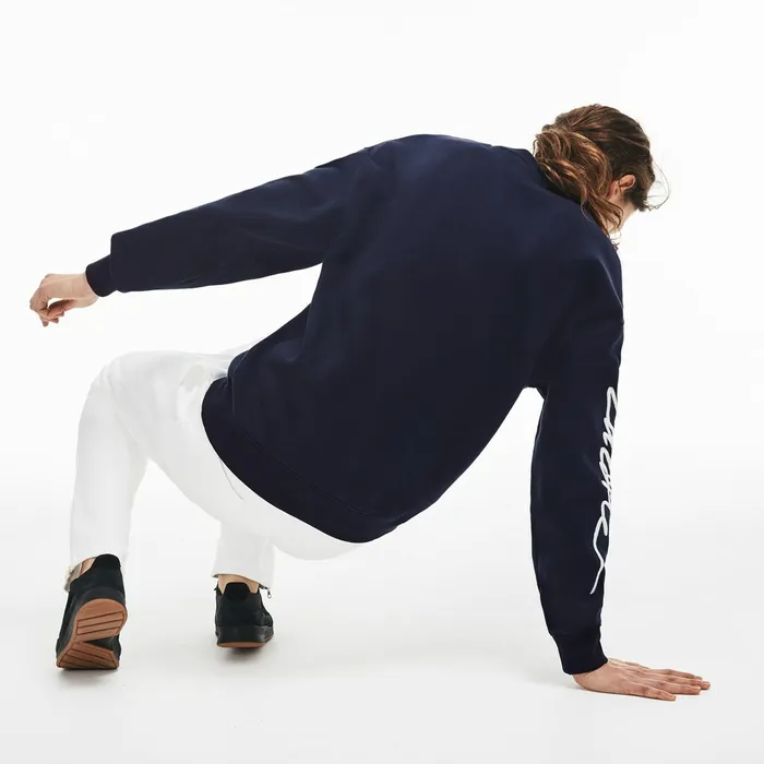 Unisex LIVE Crew Neck Embroidered Fleece Sweatshirt BlueWhite Mens Lacoste Sweatshirts Near Me