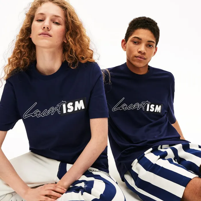 Unisex LIVE Lacostism Print Cotton TShirt Navy Blue Womens Lacoste TShirts USA