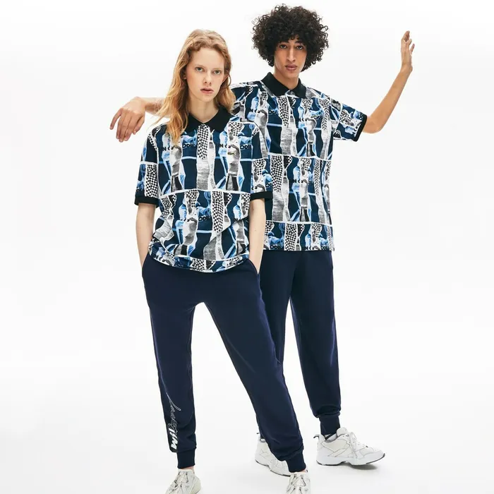 Unisex LIVE Loose Fit Graphic Print Cotton Polo Shirt WhiteBlueWhite Mens Lacoste Polos On Sale