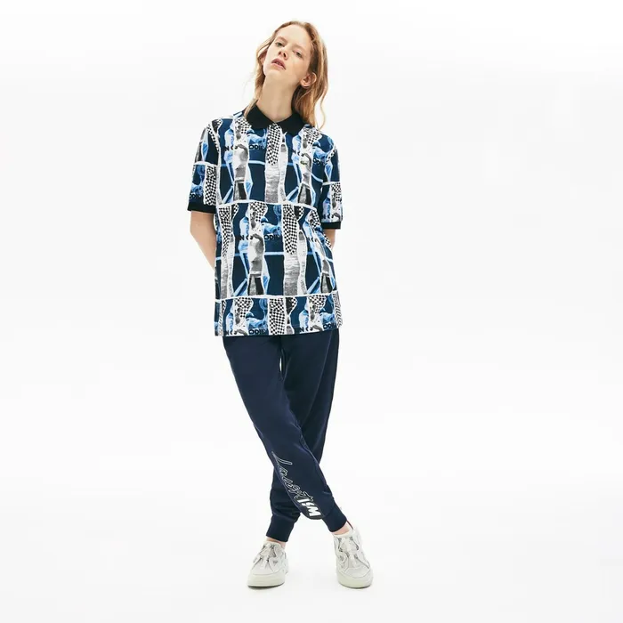 Unisex LIVE Loose Fit Graphic Print Cotton Polo Shirt WhiteBlueWhite Mens Lacoste Polos On Sale