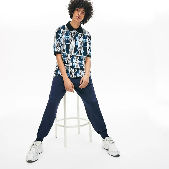 Unisex LIVE Loose Fit Graphic Print Cotton Polo Shirt WhiteBlueWhite Mens Lacoste Polos On Sale