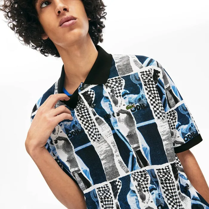 Unisex LIVE Loose Fit Graphic Print Cotton Polo Shirt WhiteBlueWhite Mens Lacoste Polos On Sale