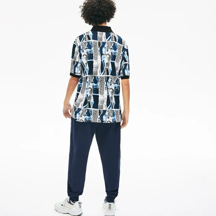 Unisex LIVE Loose Fit Graphic Print Cotton Polo Shirt WhiteBlueWhite Mens Lacoste Polos On Sale