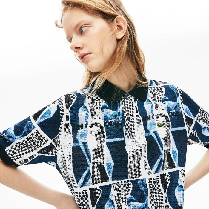 Unisex LIVE Loose Fit Graphic Print Cotton Polo Shirt WhiteBlueWhite Mens Lacoste Polos On Sale
