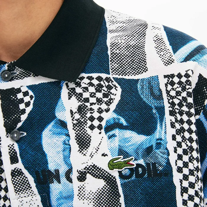 Unisex LIVE Loose Fit Graphic Print Cotton Polo Shirt WhiteBlueWhite Mens Lacoste Polos On Sale