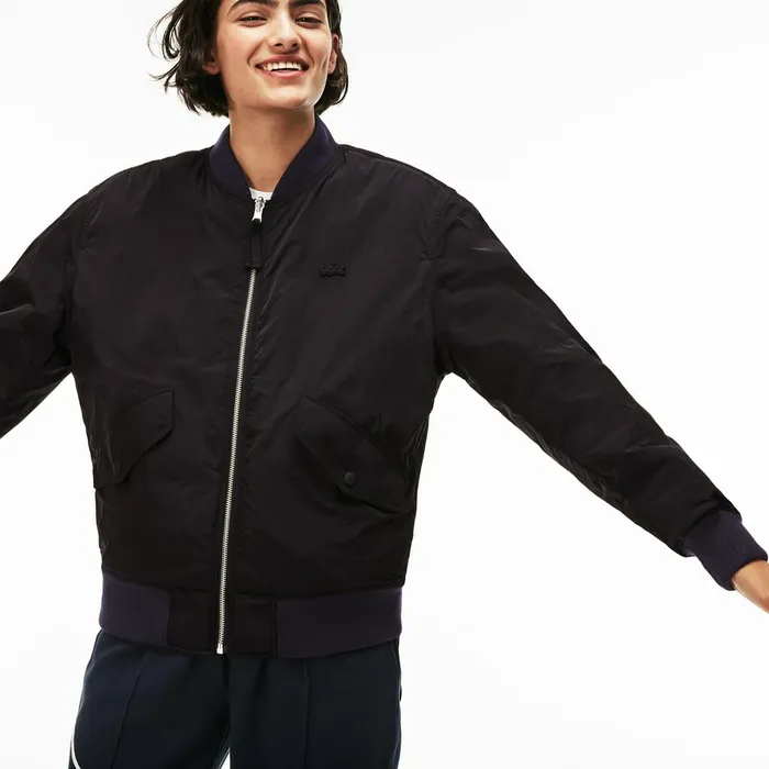 Unisex LIVE Reversible Nylon And Fleece Bomber Jacket BlackBlue Mens Lacoste Jackets and Coats Store