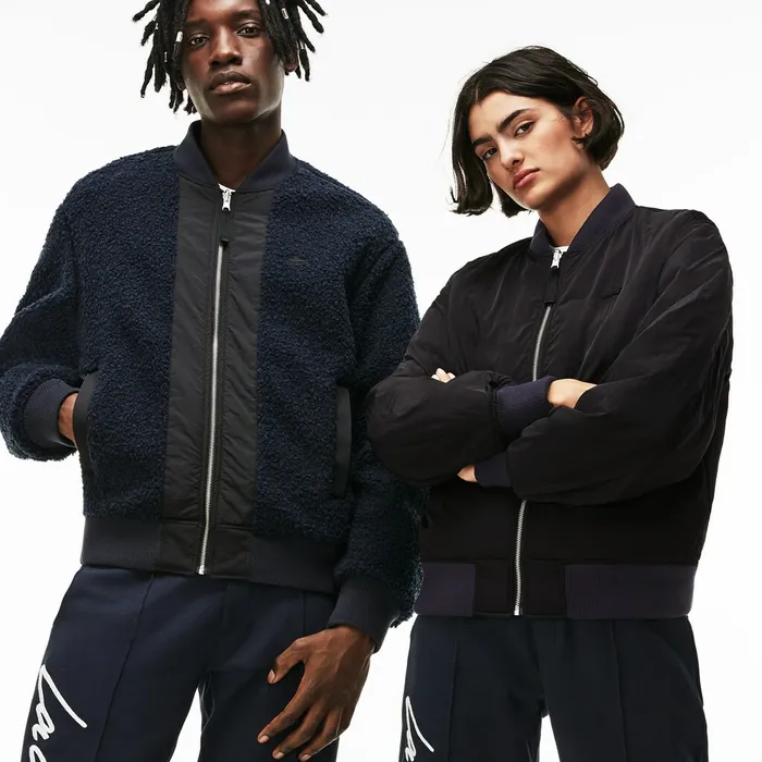 Unisex LIVE Reversible Nylon And Fleece Bomber Jacket BlackBlue Mens Lacoste Jackets and Coats Store
