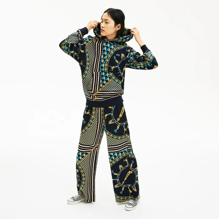 Unisex LIVE ScarfPrint Hooded Sweatshirt Navy BlueWhite Womens Lacoste Sweaters and Sweatshirts Online