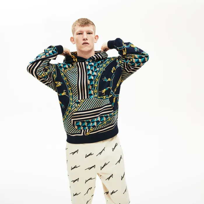 Unisex LIVE ScarfPrint Hooded Sweatshirt Navy BlueWhite Womens Lacoste Sweaters and Sweatshirts Online