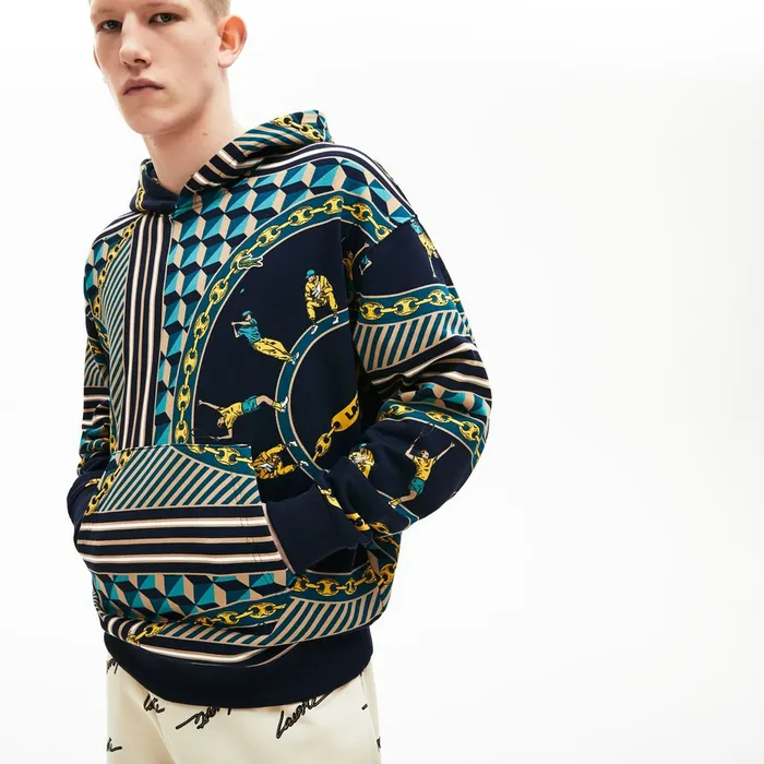Unisex LIVE ScarfPrint Hooded Sweatshirt Navy BlueWhite Womens Lacoste Sweaters and Sweatshirts Online