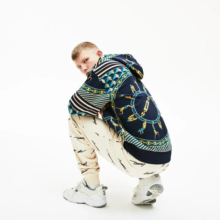 Unisex LIVE ScarfPrint Hooded Sweatshirt Navy BlueWhite Womens Lacoste Sweaters and Sweatshirts Online