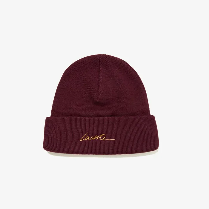Unisex LIVE Signature Embroidered CashmereBlend Beanie Bordeaux Mens Lacoste Caps and Hats Casaul