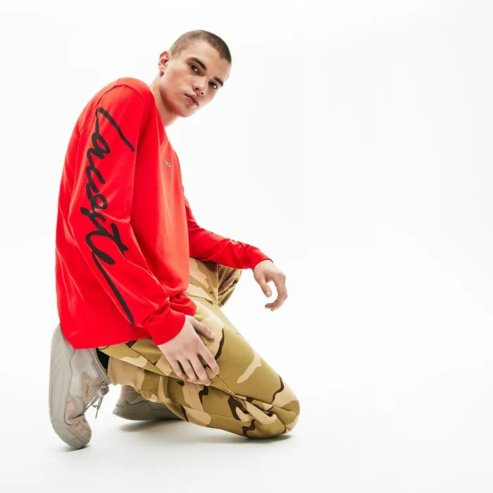 Unisex LIVE Signature Print Tshirt RedBlack Mens Lacoste TShirts Outlet