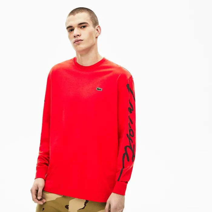 Unisex LIVE Signature Print Tshirt RedBlack Mens Lacoste TShirts Outlet