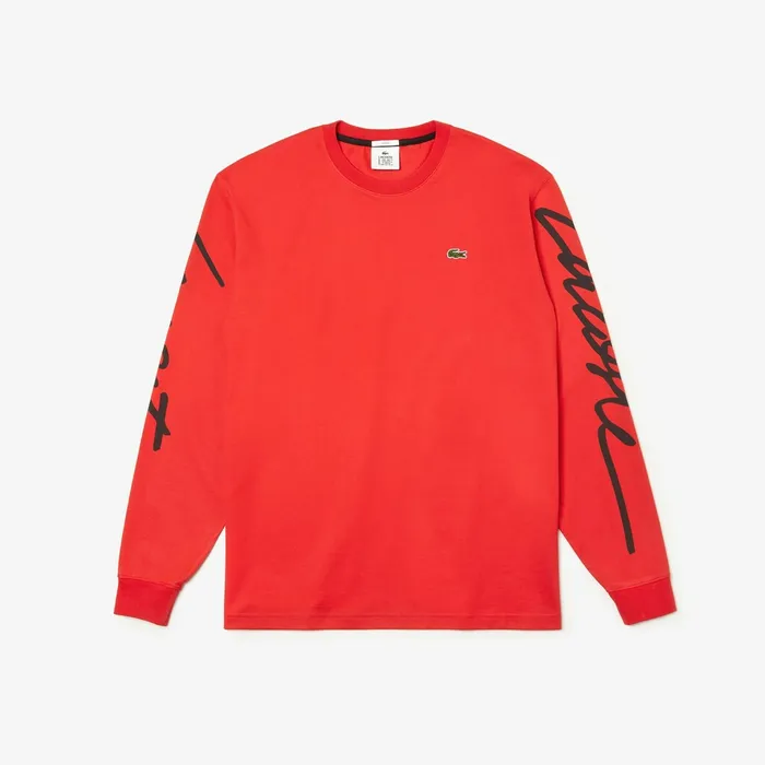 Unisex LIVE Signature Print Tshirt RedBlack Mens Lacoste TShirts Outlet