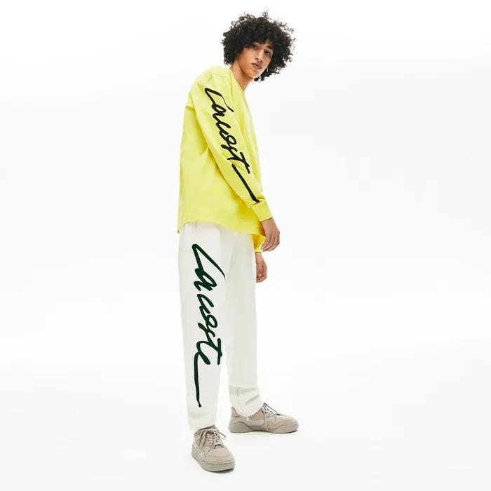 Unisex LIVE Signature Textured Fleece Sweatpants WhiteGreen Mens Lacoste Pants and Shorts Shop Online