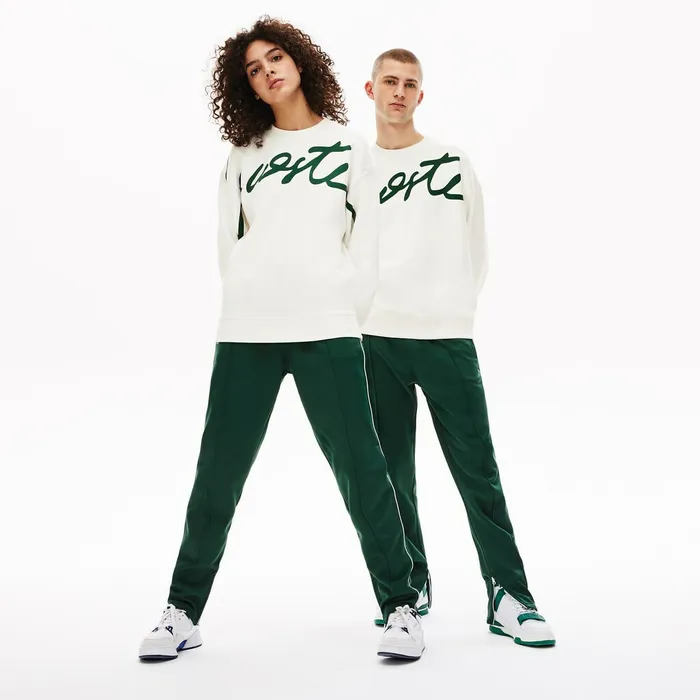 Unisex LIVE Signature Texturized Fleece Sweatshirt WhiteGreen Mens Lacoste Sweatshirts On Sale