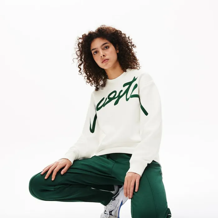 Unisex LIVE Signature Texturized Fleece Sweatshirt WhiteGreen Mens Lacoste Sweatshirts On Sale