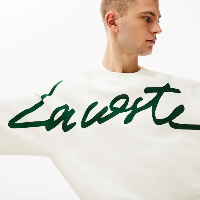Unisex LIVE Signature Texturized Fleece Sweatshirt WhiteGreen Mens Lacoste Sweatshirts On Sale