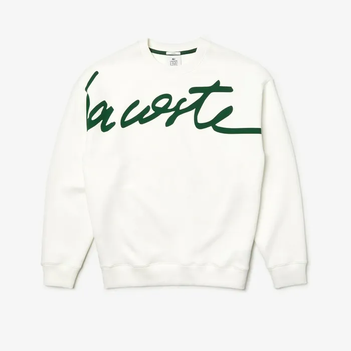 Unisex LIVE Signature Texturized Fleece Sweatshirt WhiteGreen Mens Lacoste Sweatshirts On Sale