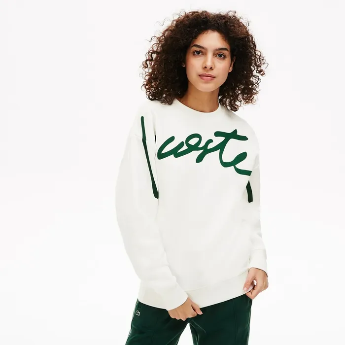 Unisex LIVE Signature Texturized Fleece Sweatshirt WhiteGreen Mens Lacoste Sweatshirts On Sale