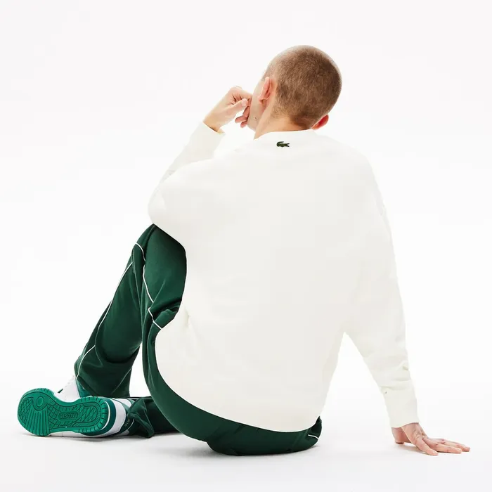 Unisex LIVE Signature Texturized Fleece Sweatshirt WhiteGreen Mens Lacoste Sweatshirts On Sale