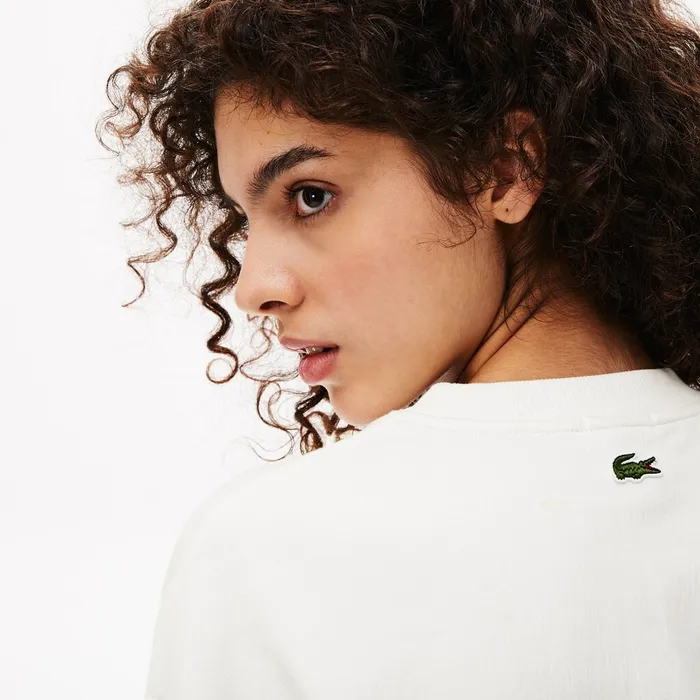 Unisex LIVE Signature Texturized Fleece Sweatshirt WhiteGreen Mens Lacoste Sweatshirts On Sale