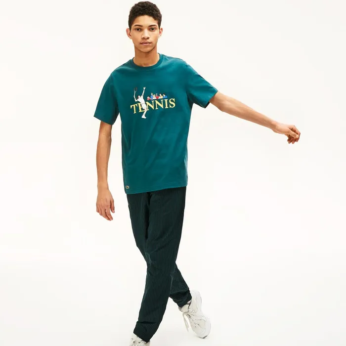 Unisex LIVE TennisPrint Cotton TShirt GreenWhite Mens Lacoste TShirts Casaul
