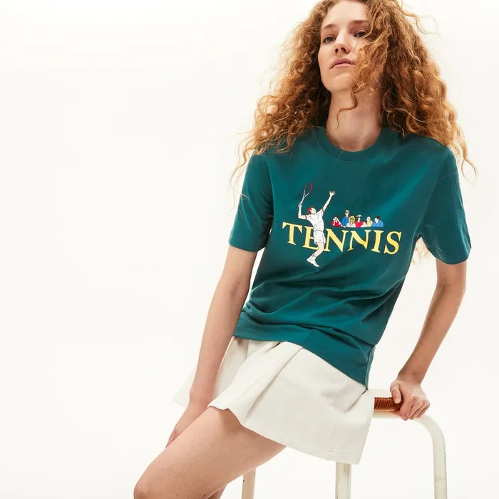 Unisex LIVE TennisPrint Cotton TShirt GreenWhite Mens Lacoste TShirts Casaul